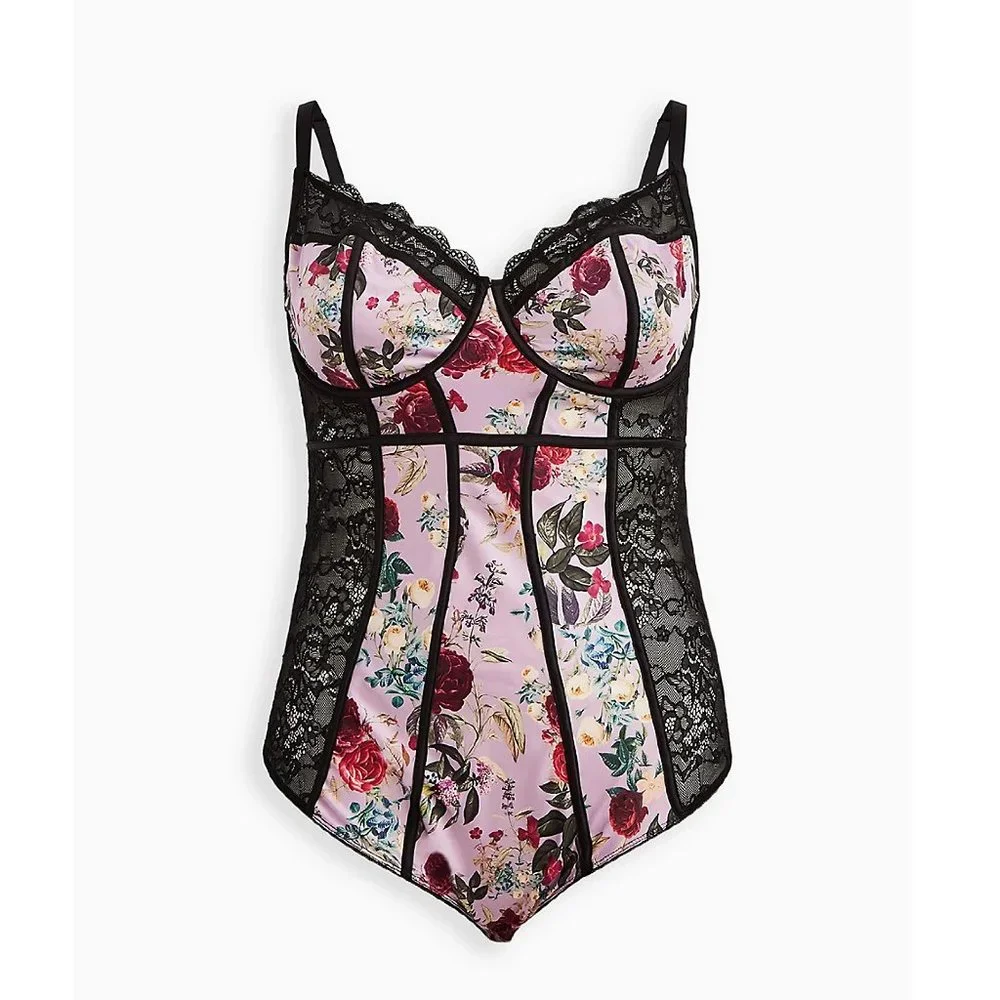 Torrid UNDERWIRE BODYSUIT - SATIN & LACE FLORAL PINK Size 5 - Picture 1 of 5